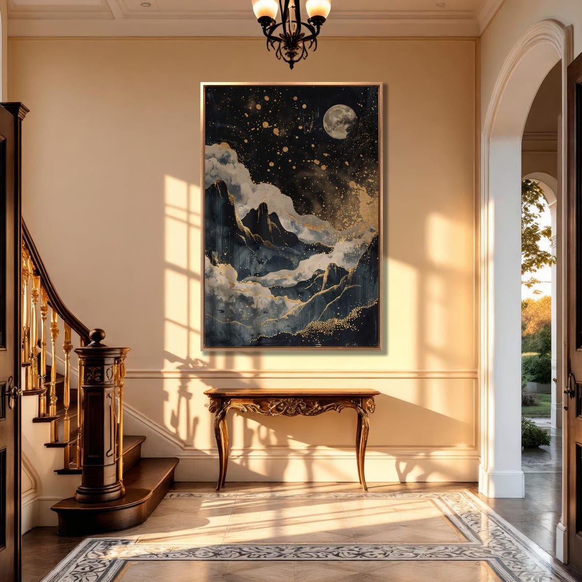 Golden Moon Over Mountains Wall Art Abstract Celestial Painting Print Lunar Night Sky Wall Decor Modern Artwork Poster Ready To Hang - Image 4