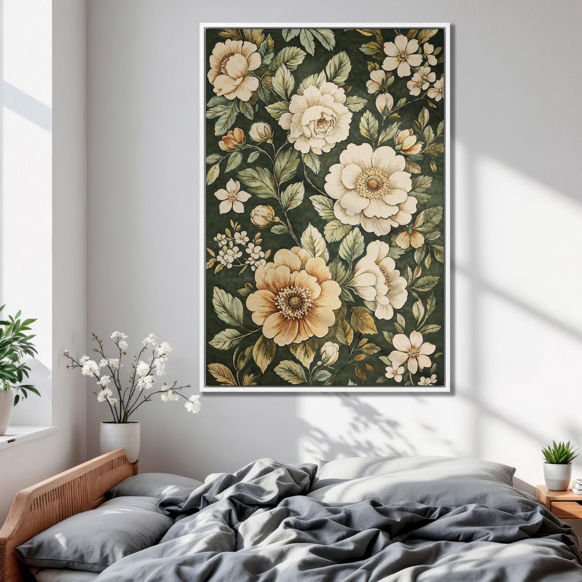 Cream White Wildflowers on Deep Green Morris Style Wall Print - Image 2