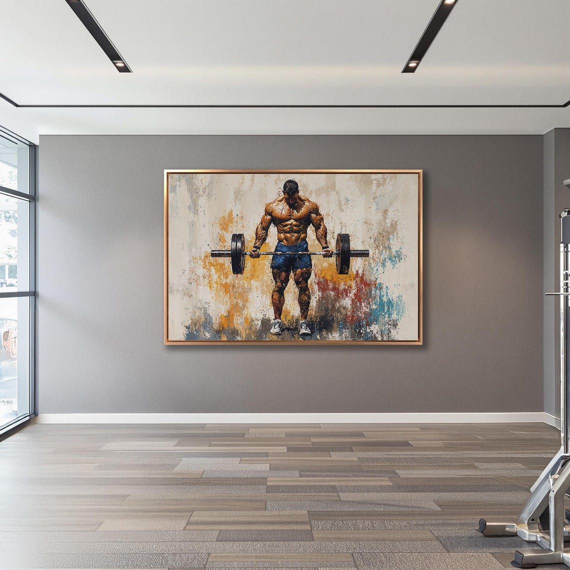 Bodybuilder Deadlift in Blue Shorts Warm Paint Splash Poster - Image 3