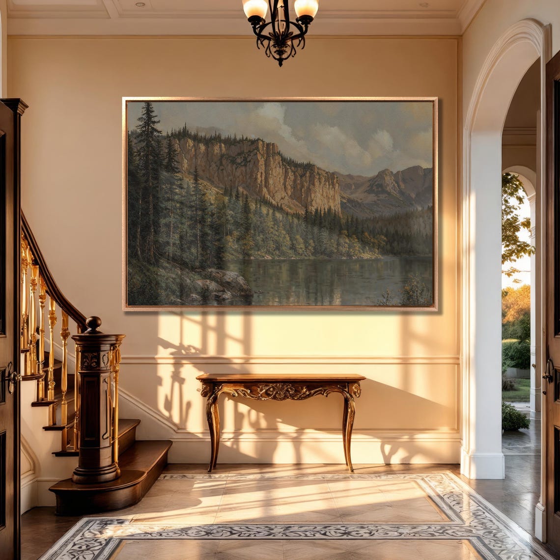 Mountain Lake Beneath Towering Cliffs And Pine Forest Landscape Poster - Image 5