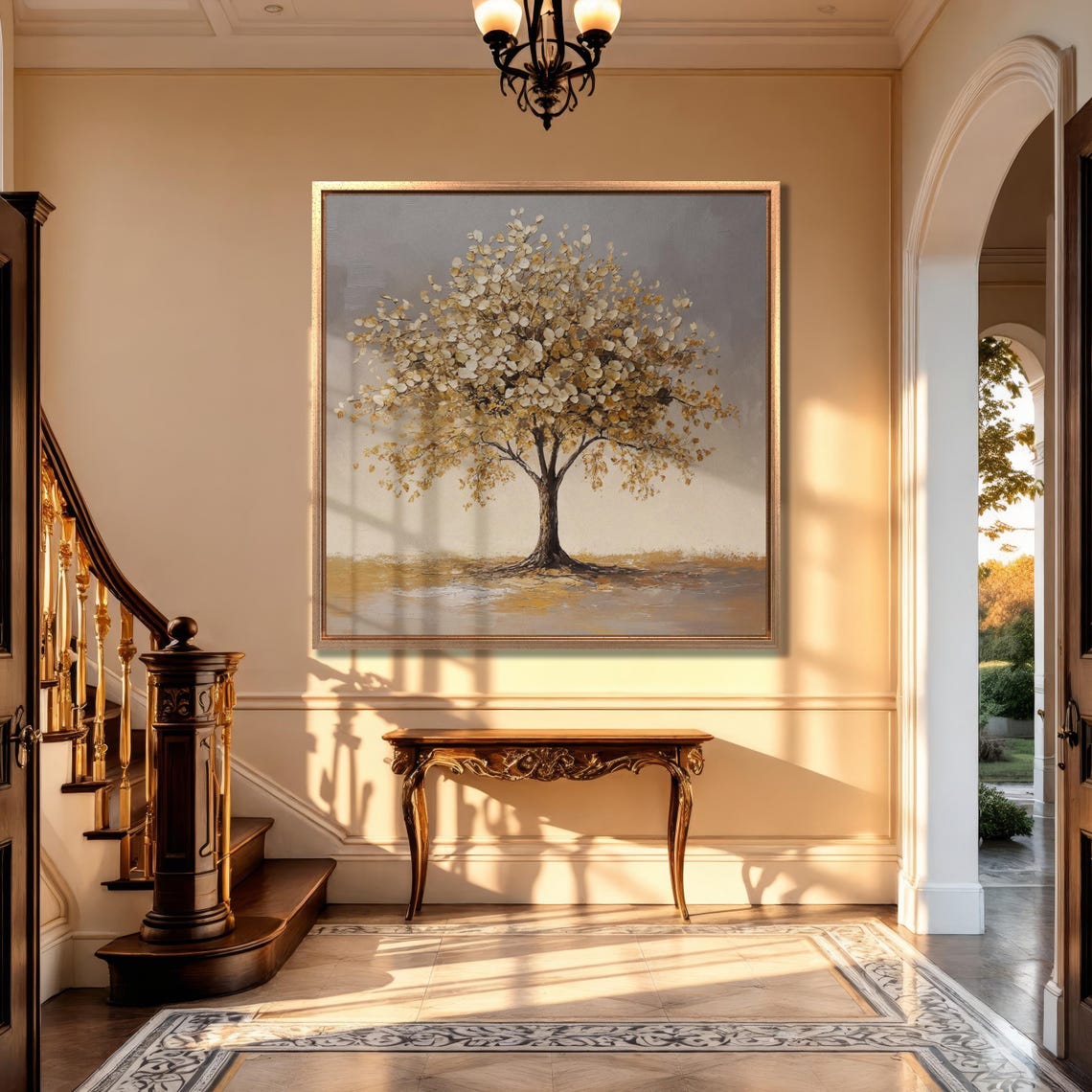 Elegant Cream and Gold Leaf Tree Abstract Nature Painting Wall Art - Image 4