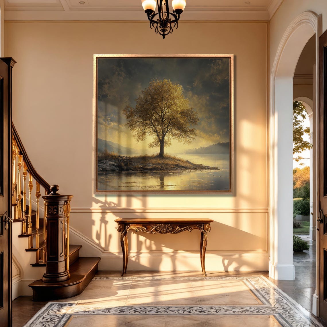 Sunlit Golden Tree by a Lake Under a Dramatic Sunset Wall Art - Image 4