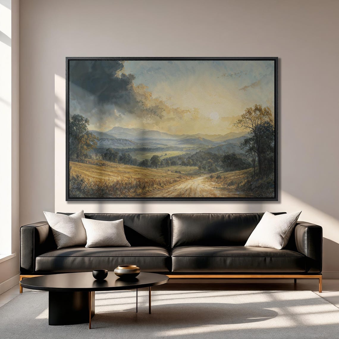 Golden Hour Valley with Dirt Road and Dramatic Clouds Poster - Image 3