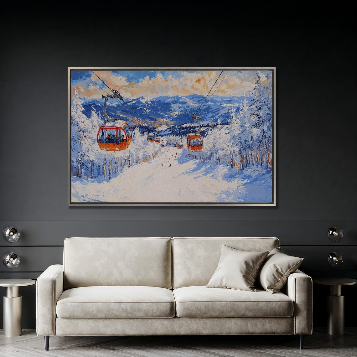 Orange Ski Gondolas Over Snowy Mountain Resort Travel Poster - Image 5