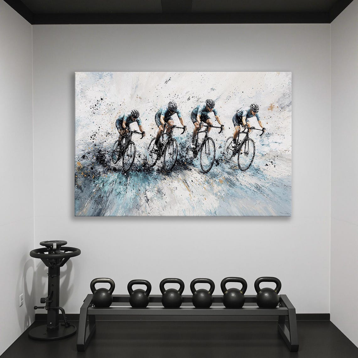 Peloton of Four Cyclists in Teal Abstract Splash Style Poster - Image 2