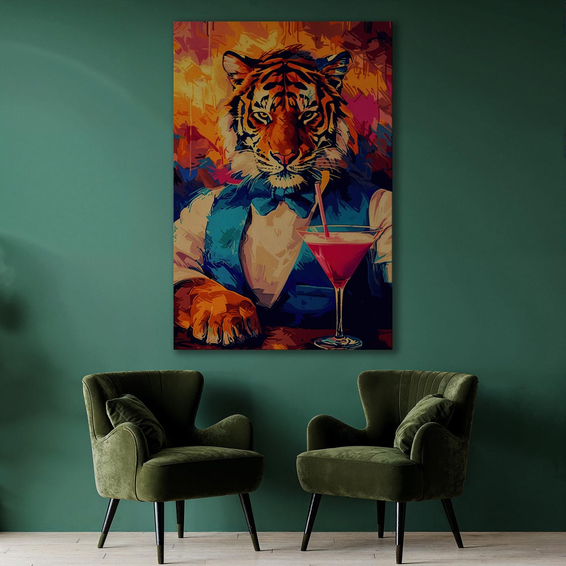 Colorful Pop Art Tiger in a Suit With a Pink Cocktail Drink Poster - Image 2