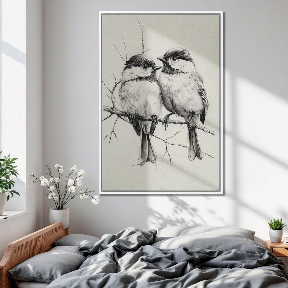 Two Fluffy Chickadees Perched Sketch Black and White Art Poster - Image 4
