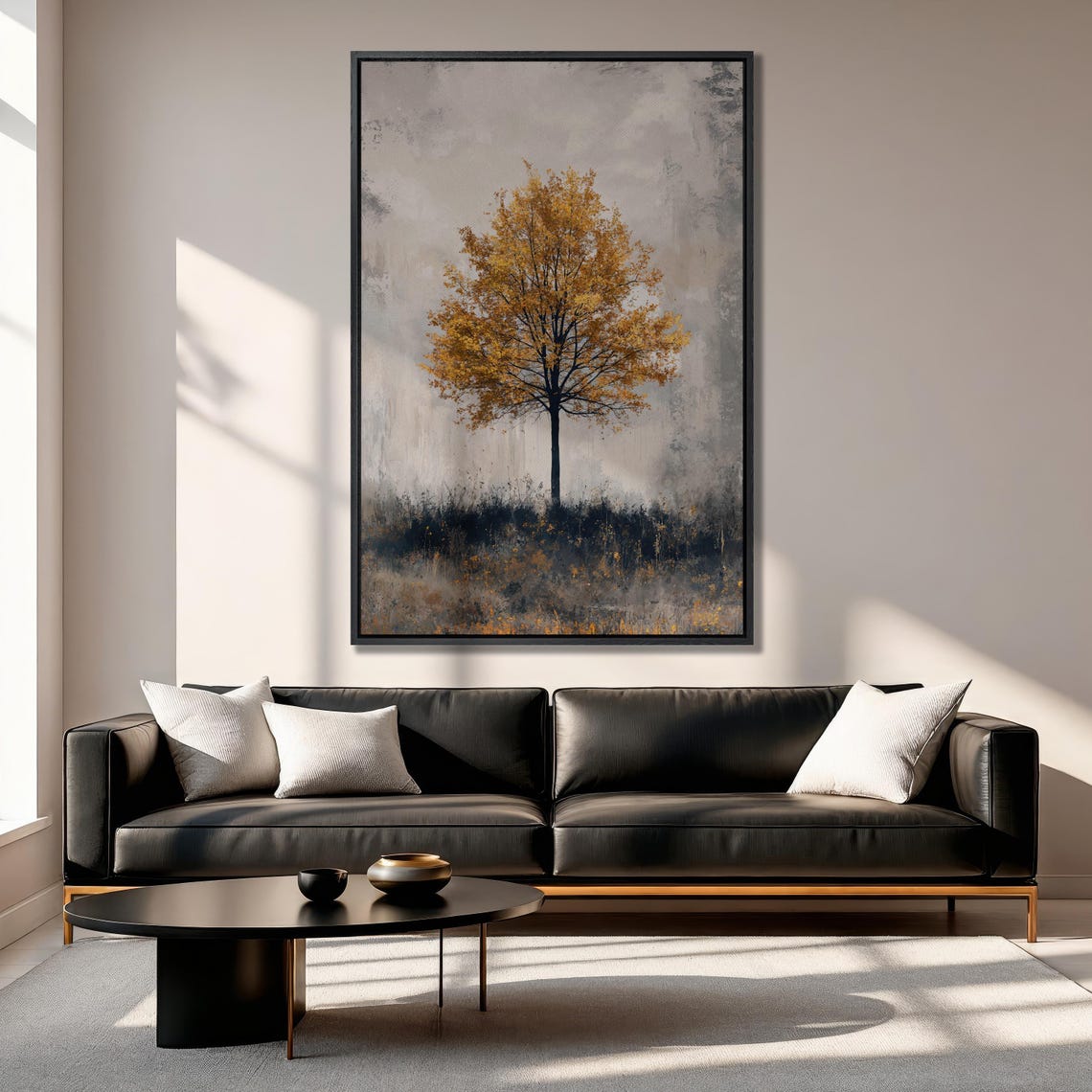 Lone Autumn Tree With Gold Leaves in a Gray Misty Landscape Poster - Image 4