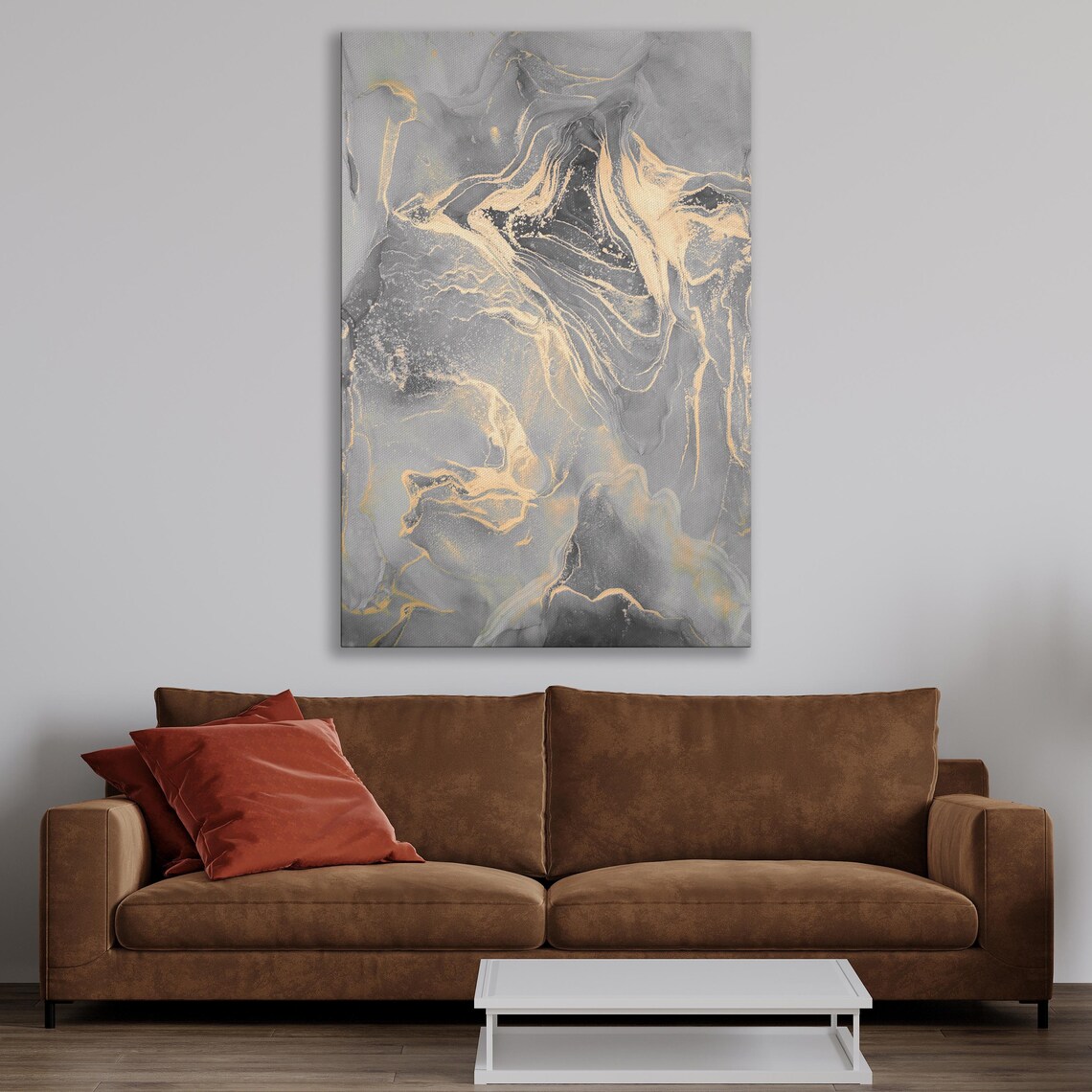 Abstract Fluid Art Print, Gray Marble With Golden Veins - Image 2