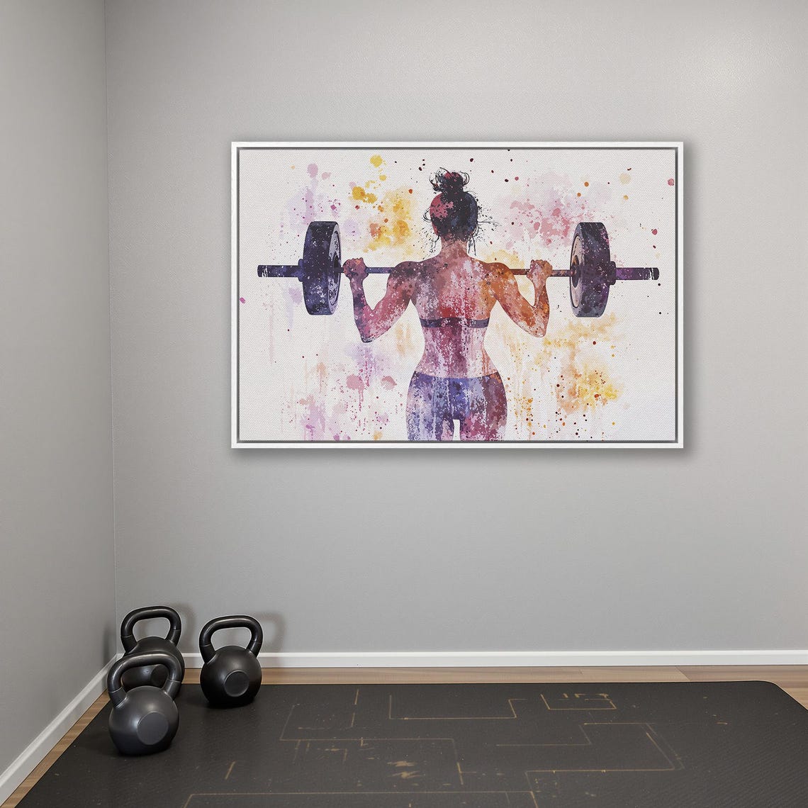 Woman Barbell Squat From Behind Watercolor Splash Style Poster - Image 4