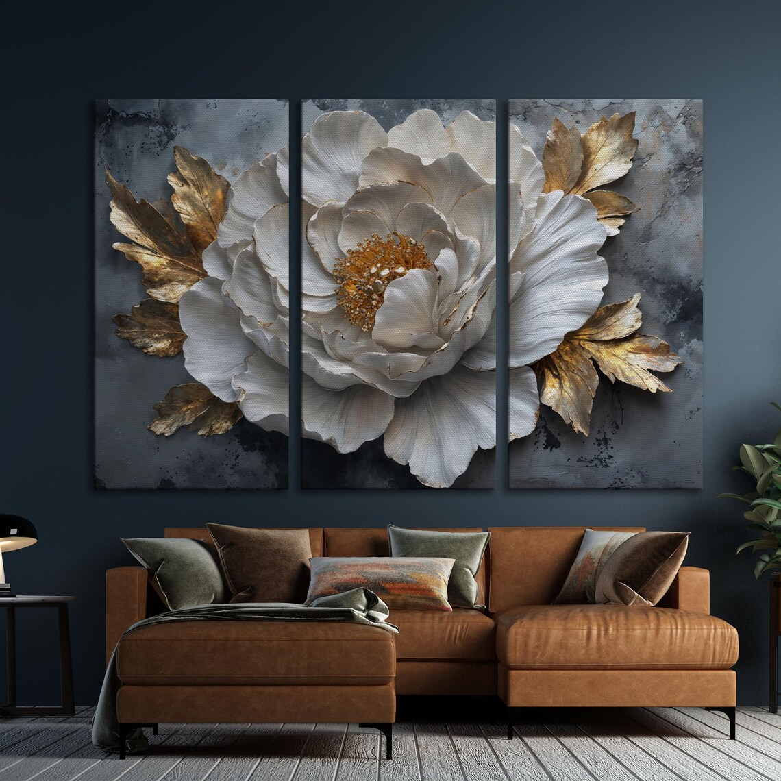 White Flower And Golden Leaves Wall Art Abstract Floral Painting Print Luxury Wall Decor Modern Botanical Poster Ready To Hang Gift - Image 5
