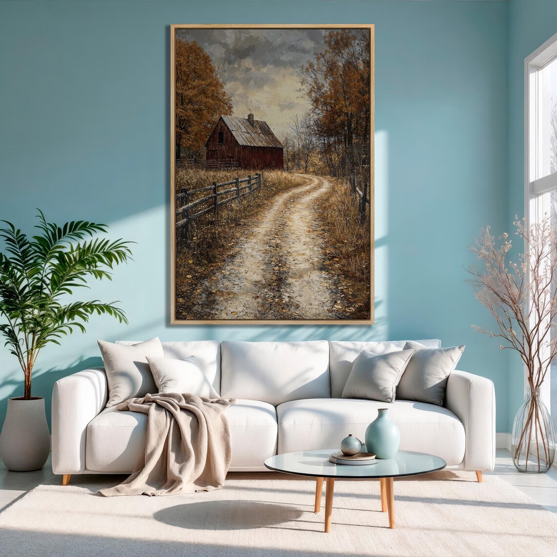Red Barn at the End of Dirt Road in Golden Autumn Fields Poster - Image 3