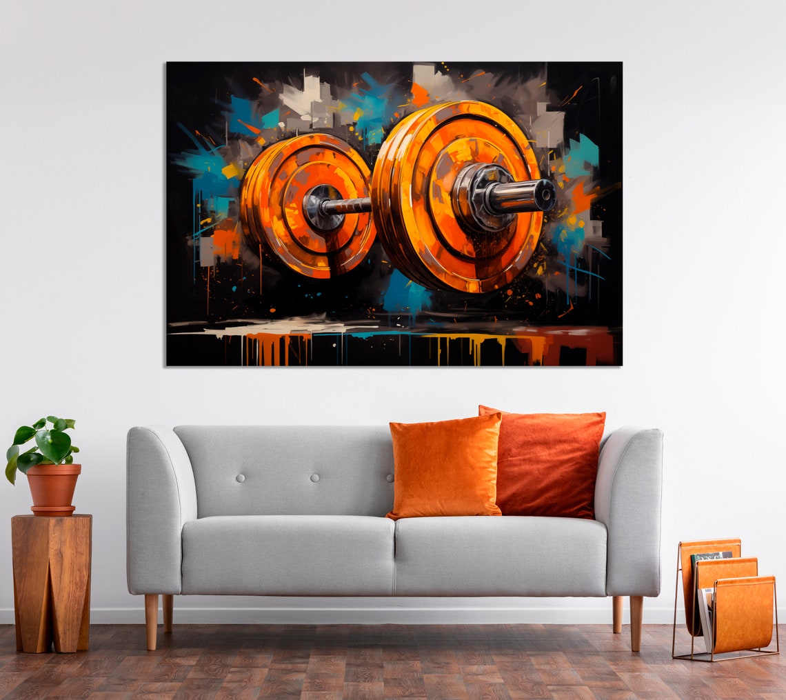 Orange Barbell Graffiti Gym Strength Training Motivational Wall Art