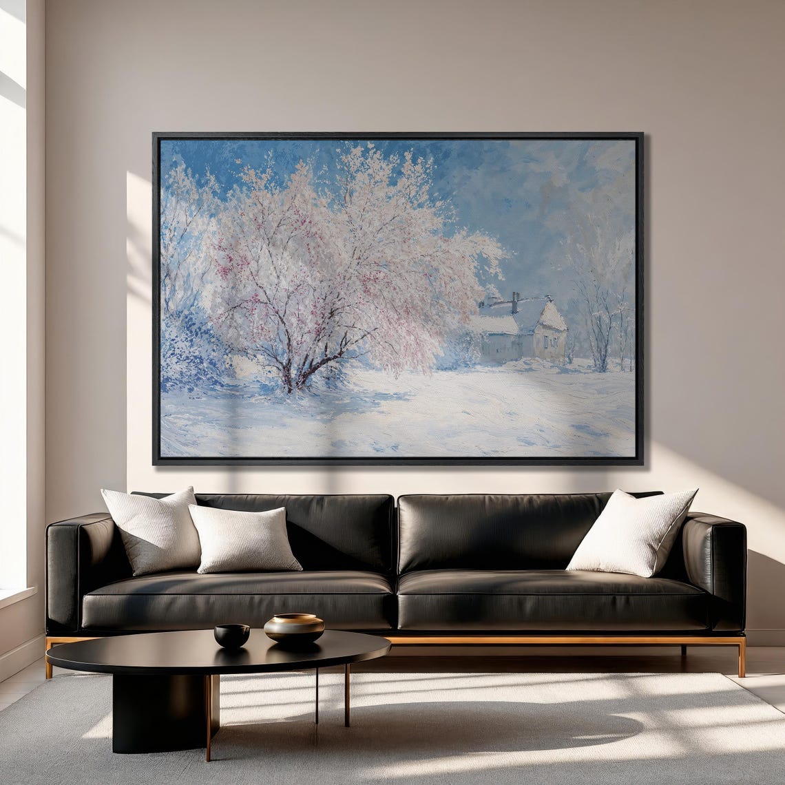 Snow Covered Cottage with Frosted Tree Winter Painting Poster - Image 3