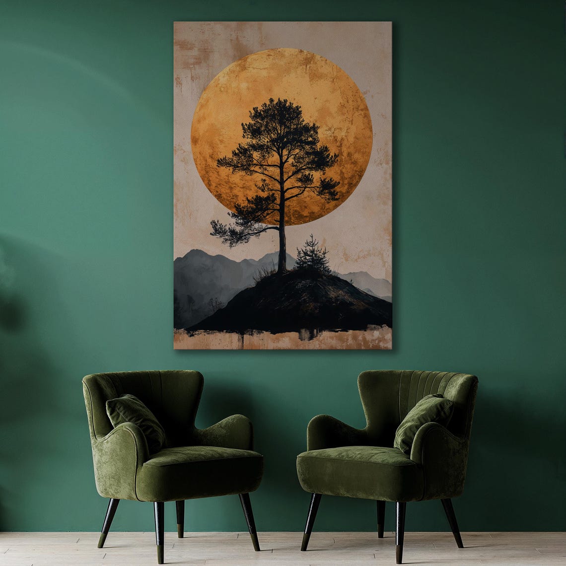 Lone Pine Tree Silhouette Against a Golden Moon Circle Poster - Image 2
