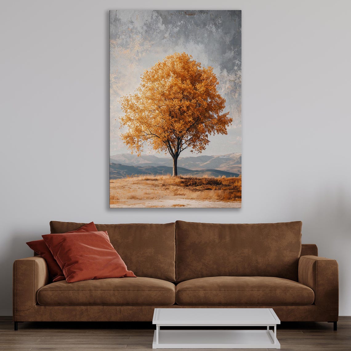 Lone Autumn Tree With Orange Foliage Under Cloudy Sky Landscape Poster - Image 3