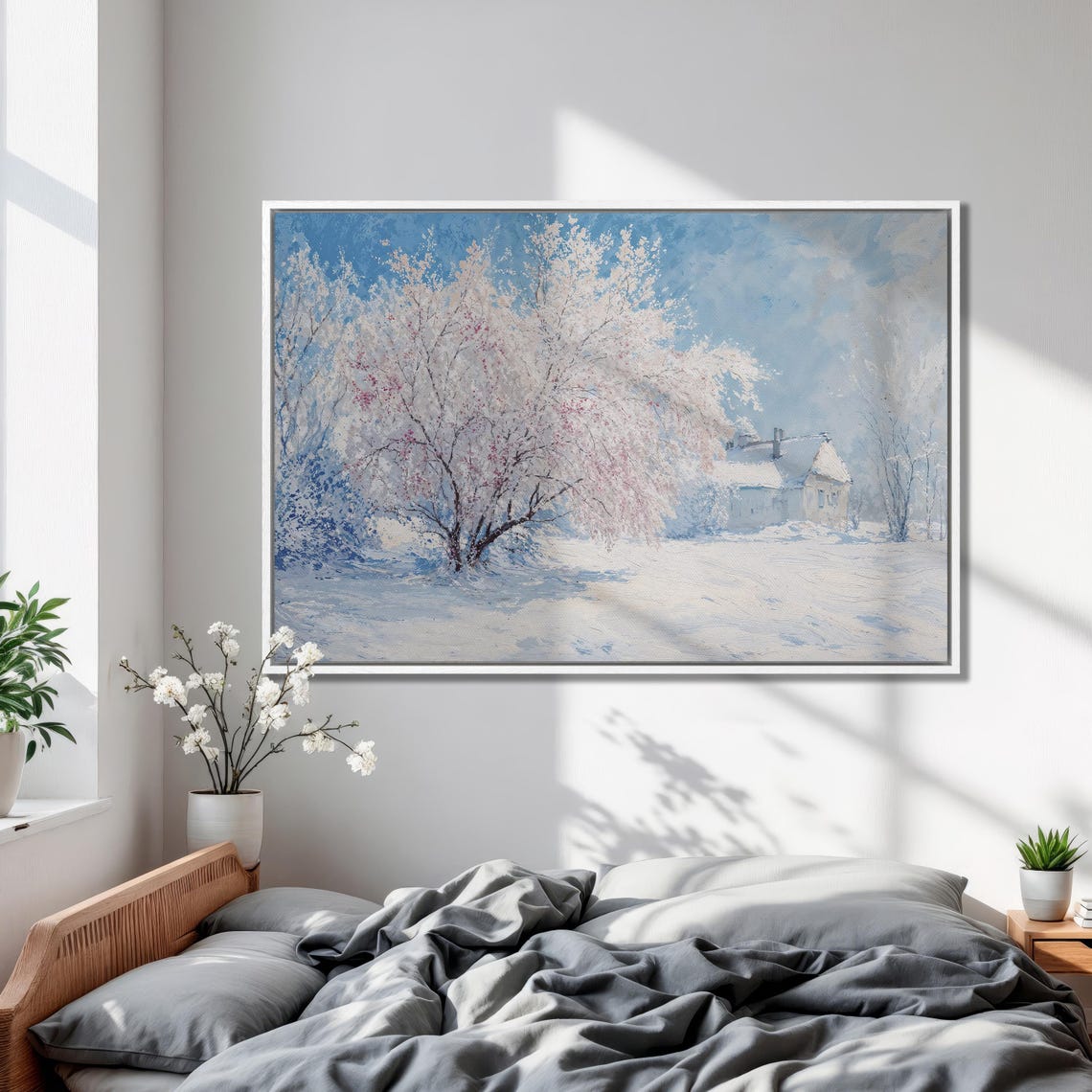 Snow Covered Cottage with Frosted Tree Winter Painting Poster - Image 2