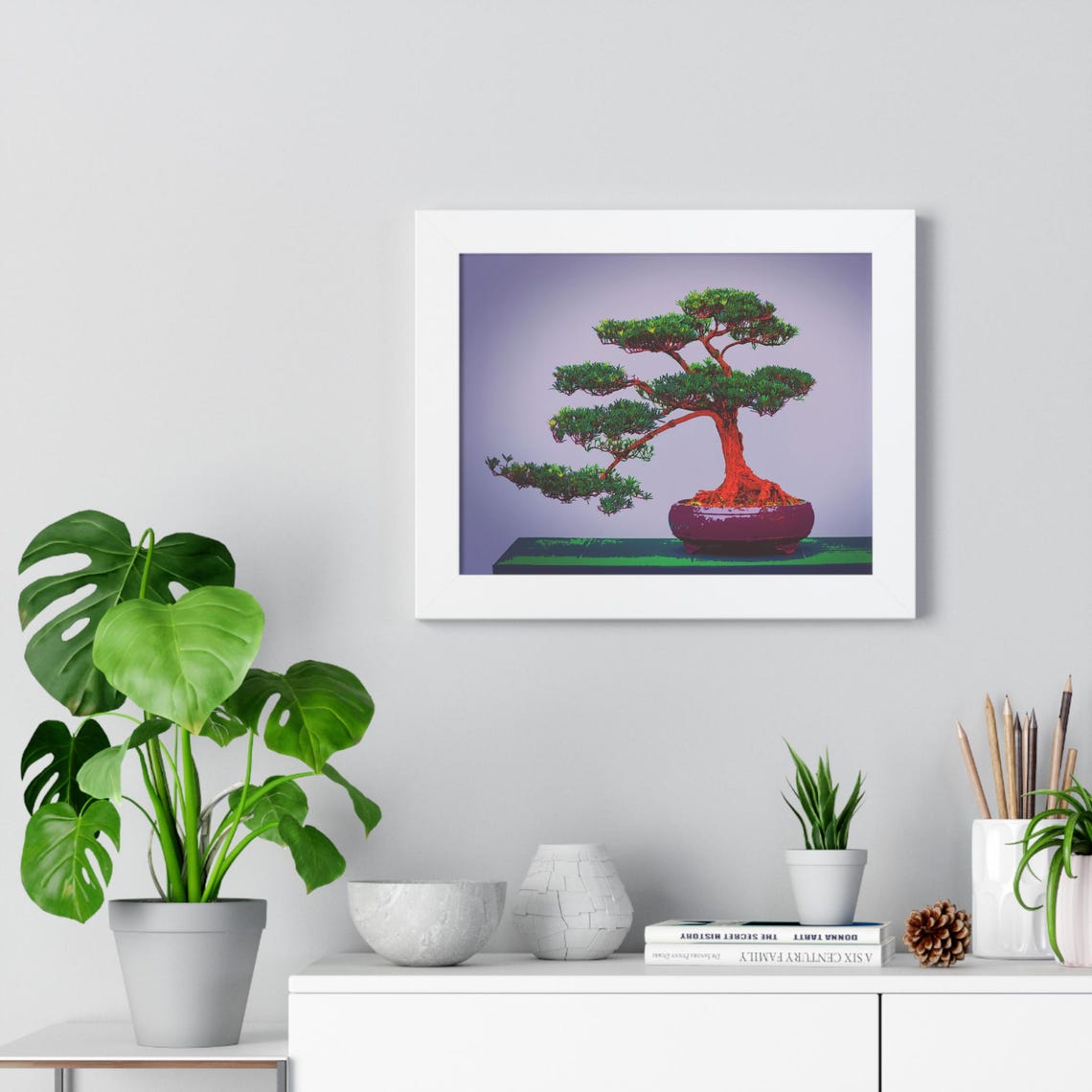 Windswept Green Pine Bonsai Tree in Purple Pot Framed Poster - Image 2