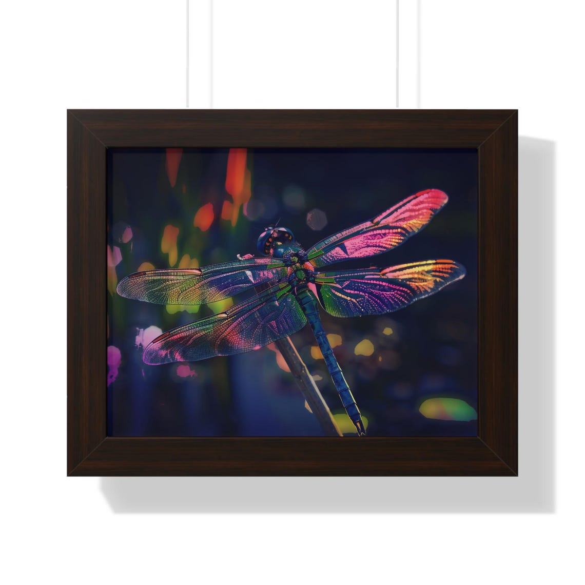 Glowing Iridescent Rainbow Dragonfly on Dark Background Poster - Image 3