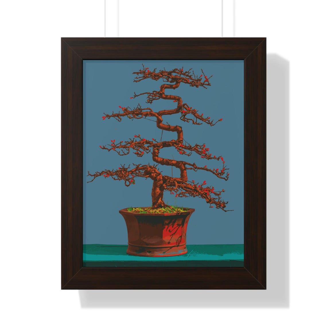Elegant Red Blossom Bonsai Tree on Teal Background Framed Poster