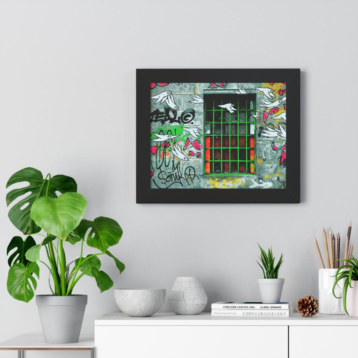 Colorful Graffiti Birds Flying Around Barred Window Framed Poster - Image 2