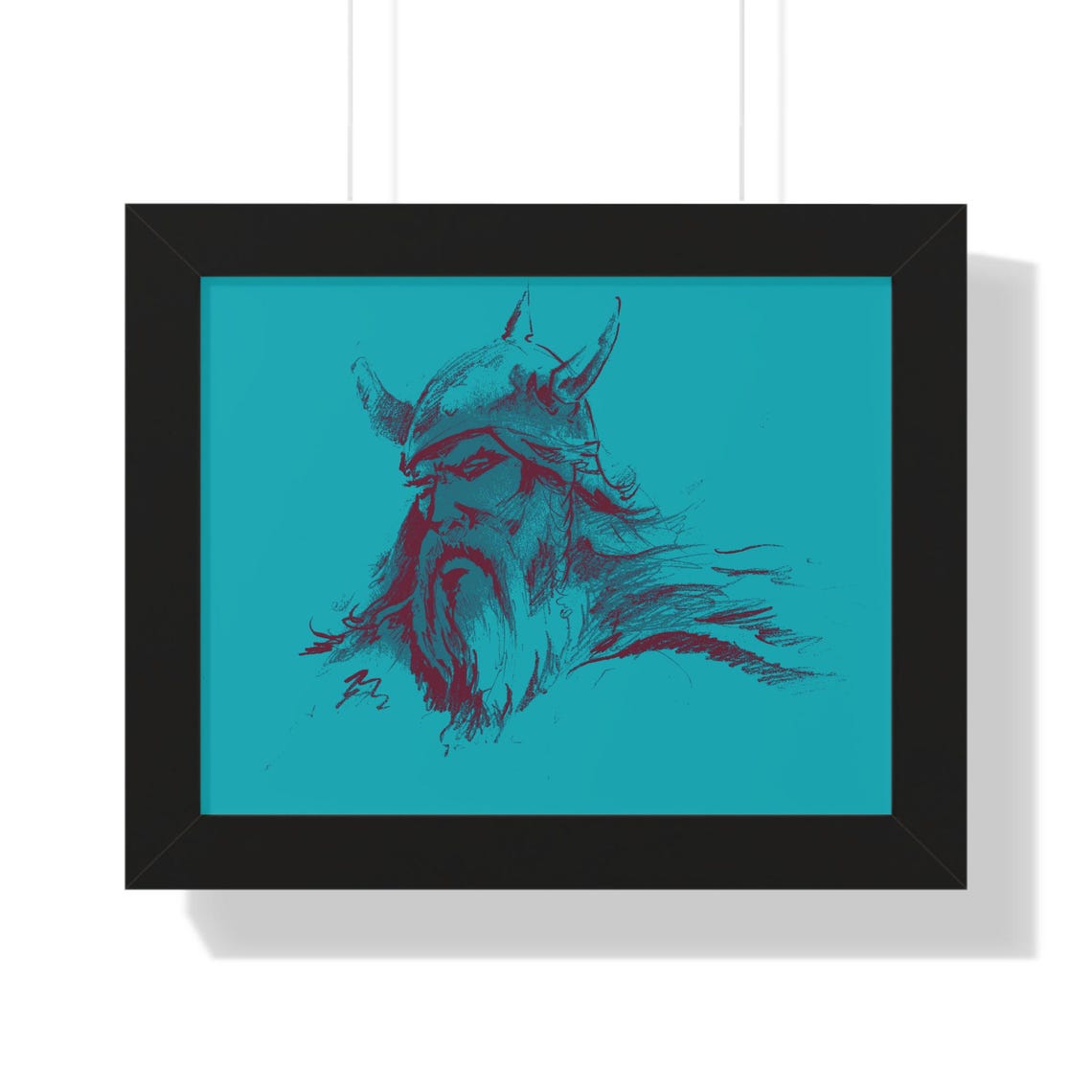 Bearded Viking Warrior Portrait Sketch on Teal Background Poster