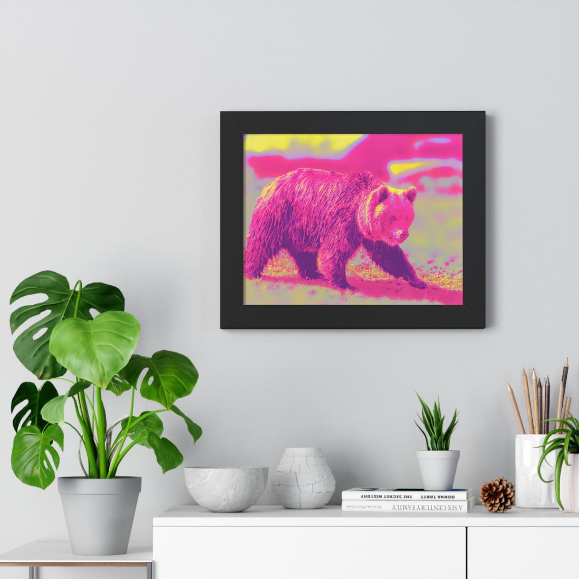 Wild Brown Bear Walking in Neon Pink and Yellow Framed Poster - Image 4
