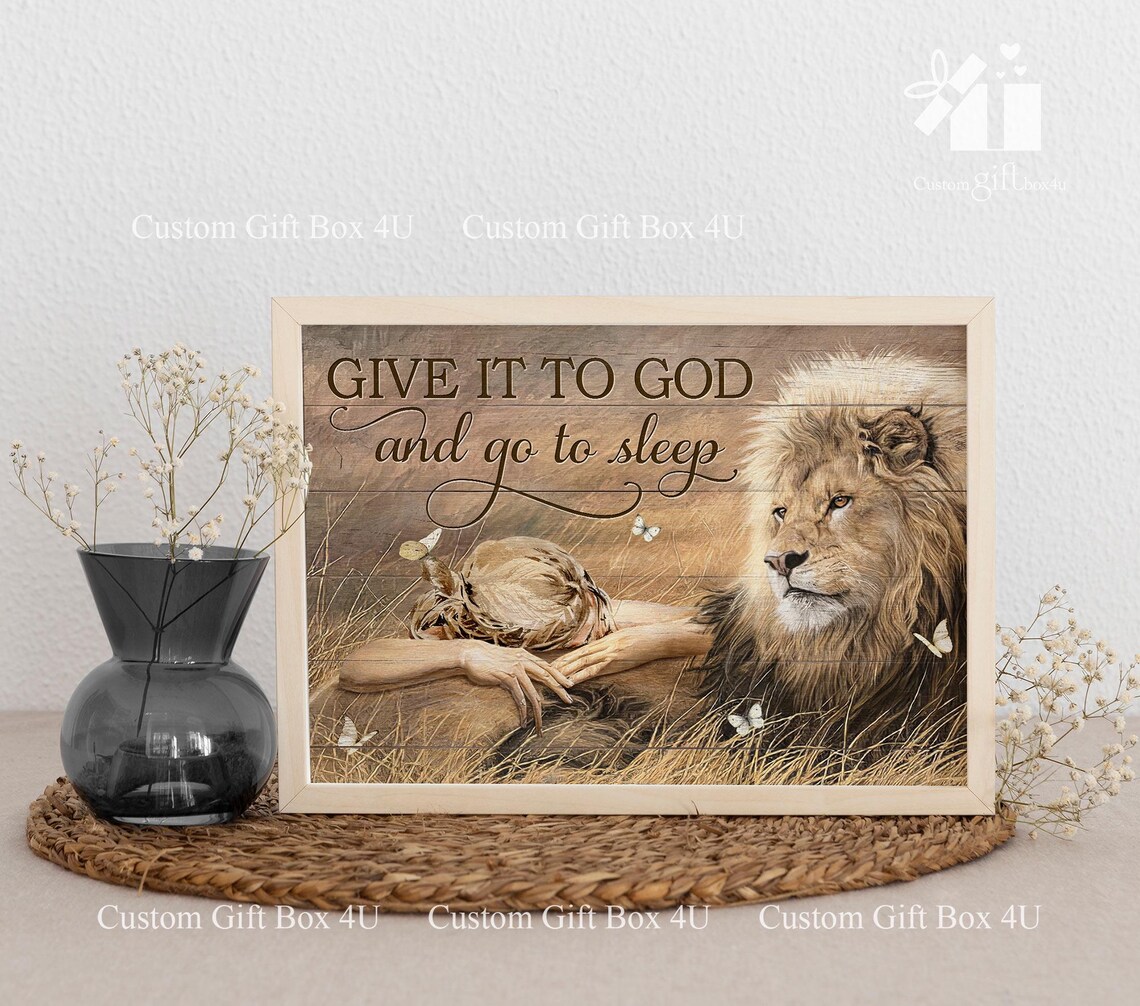 Give It To God And Go To Sleep Lion Resting Girl Quote Poster - Image 6