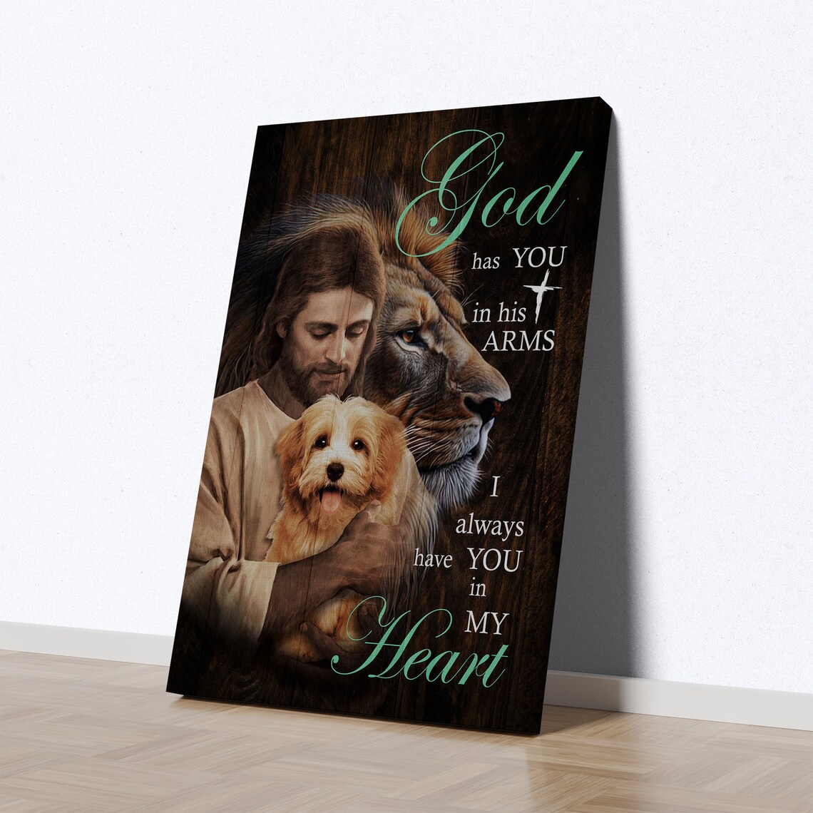 God Has You In His Arms Jesus Lion And Puppy Memorial Poster - Image 2