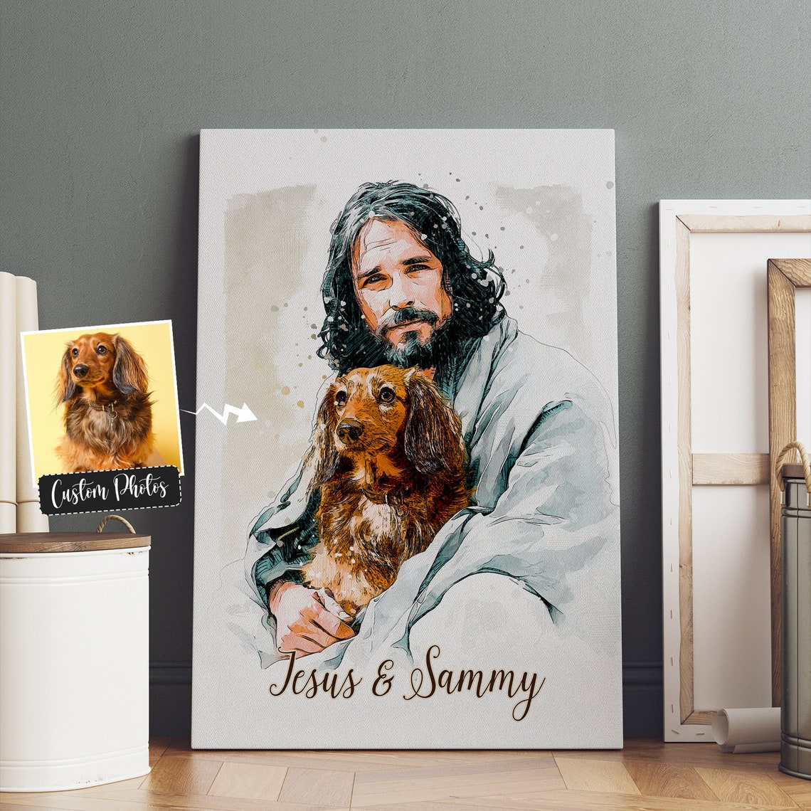 Jesus Holding Golden Retriever Sammy Framed Watercolor Memorial Poster - Image 2