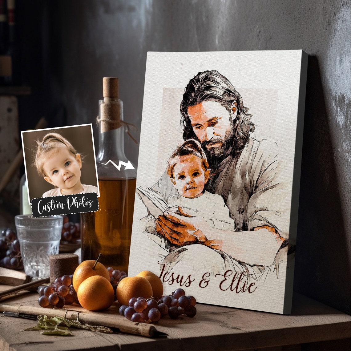 Jesus Reading to Toddler Ellie Ink Wash Personalized Memorial Poster