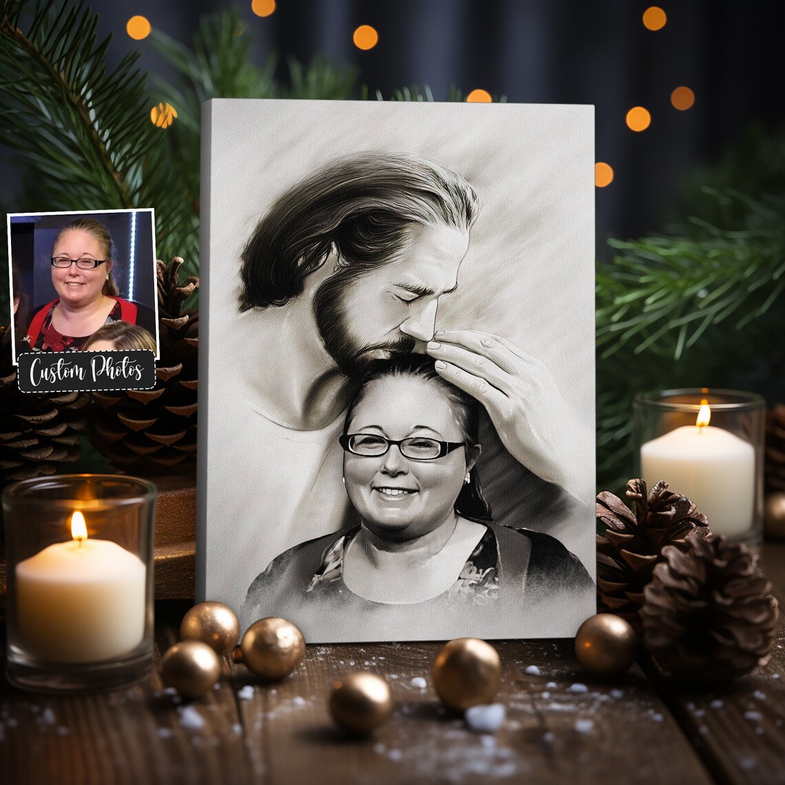 Jesus Blessing a Woman With Glasses Black and White Pencil Poster