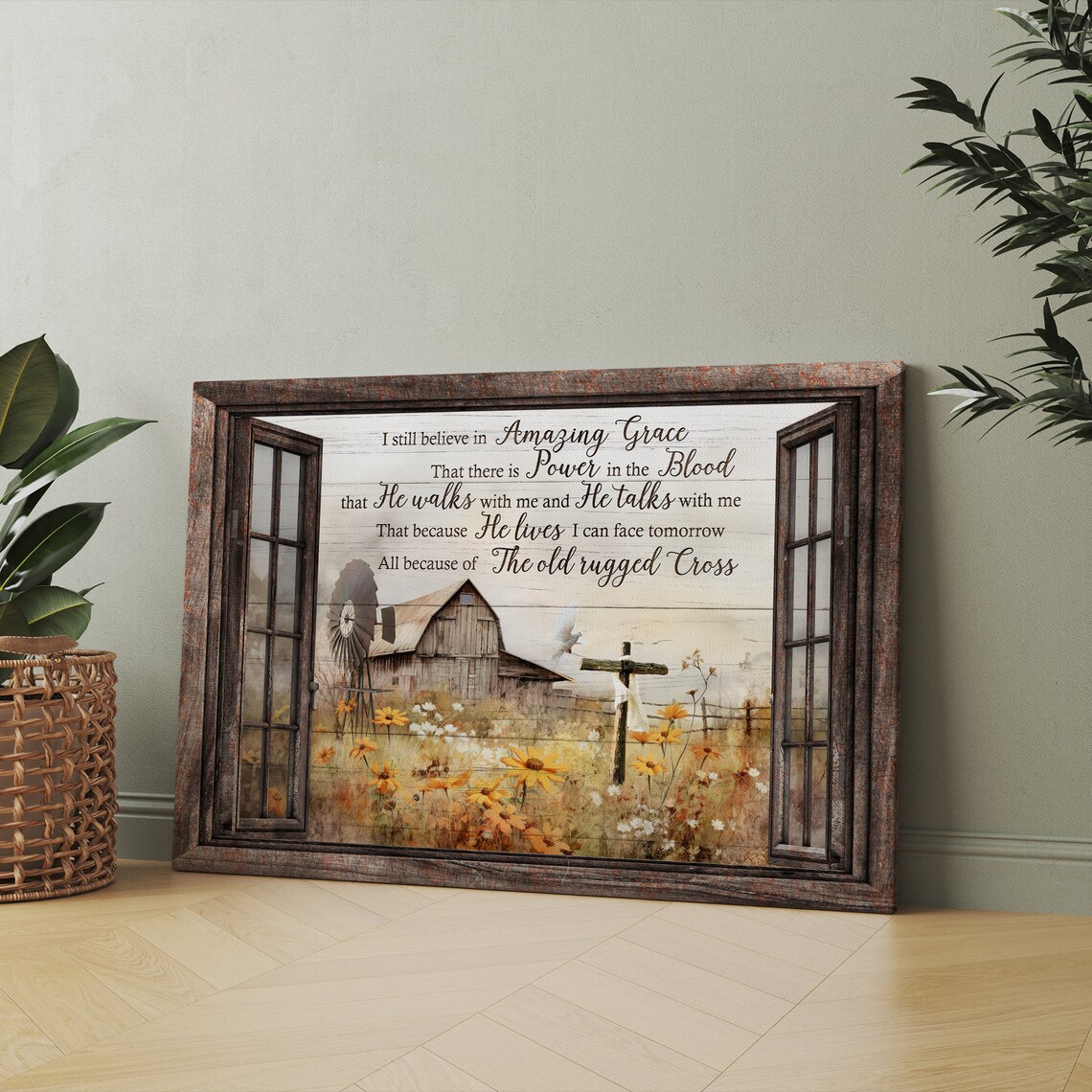 Farmhouse Window Amazing Grace Barn Cross Sunflower Field Wall Art - Image 4