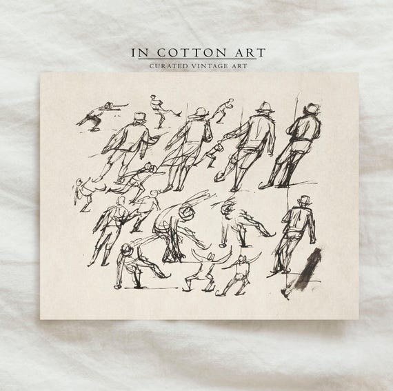 Vintage Ice Skating Sketch Holiday Neutral Drawing Print Winter Farmhouse Holiday Decor D62