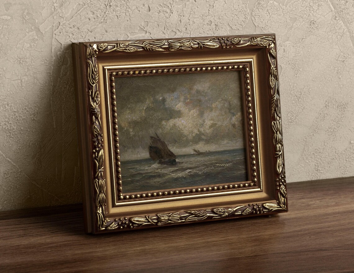 Vintage Moody Seascape Oil Painting, Dark Boat - Image 2