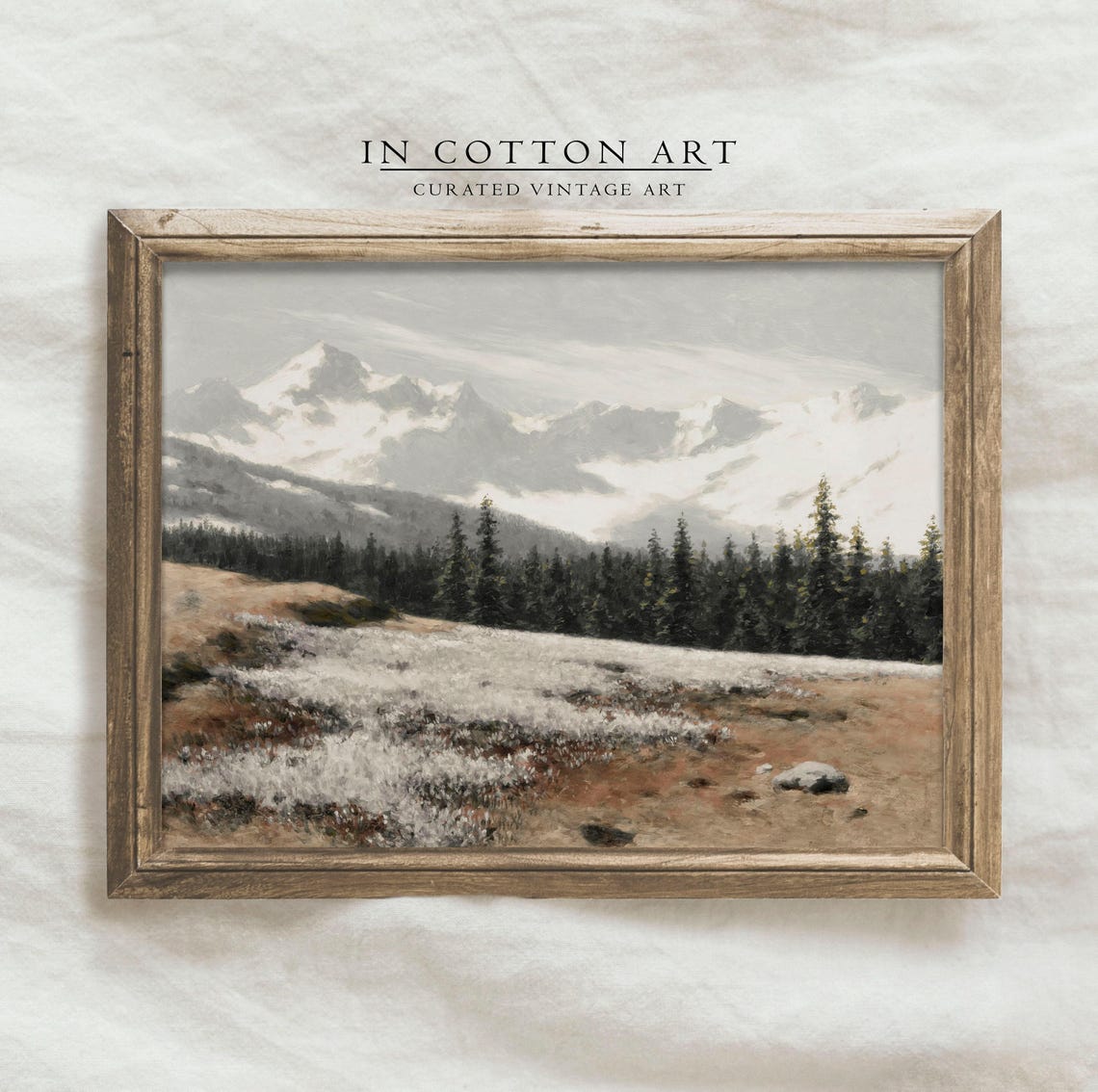 Snowy Pine Forest Snowcapped Mountains Framed Winter Painting