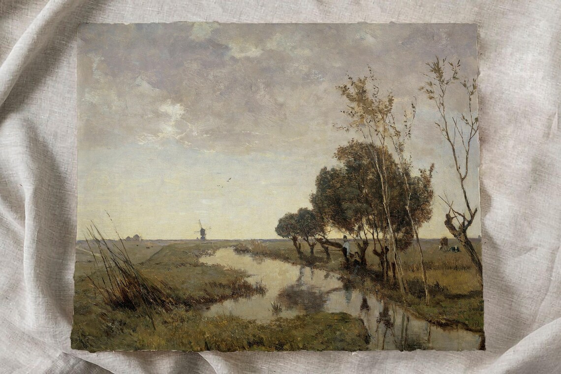 Dutch River Meadow Windmill Cattle Vintage Landscape Oil Painting - Image 2