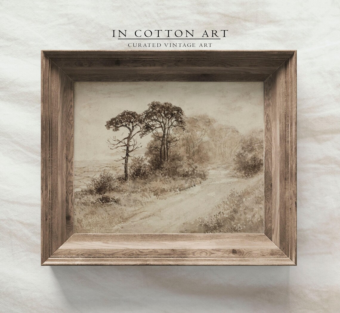 Moody Country Landscape Sketch, Rustic Road Art Print