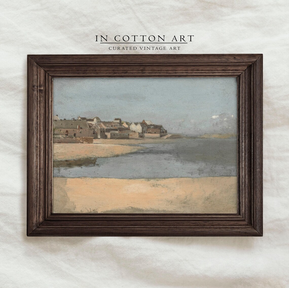 Neutral Coastal Village Beach Oil Painting Soft Tonal Art Print - Image 3