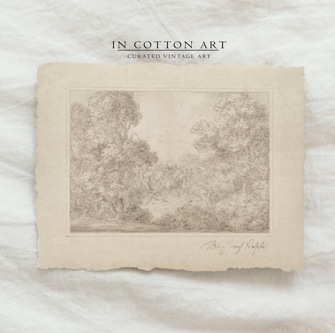 Vintage Rustic Forest Drawing, Neutral Landscape Art Print