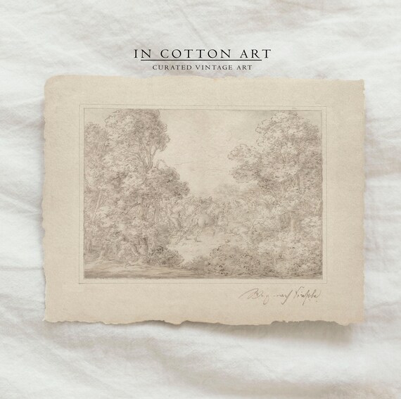 Vintage Rustic Forest Drawing, Neutral Landscape Art Print