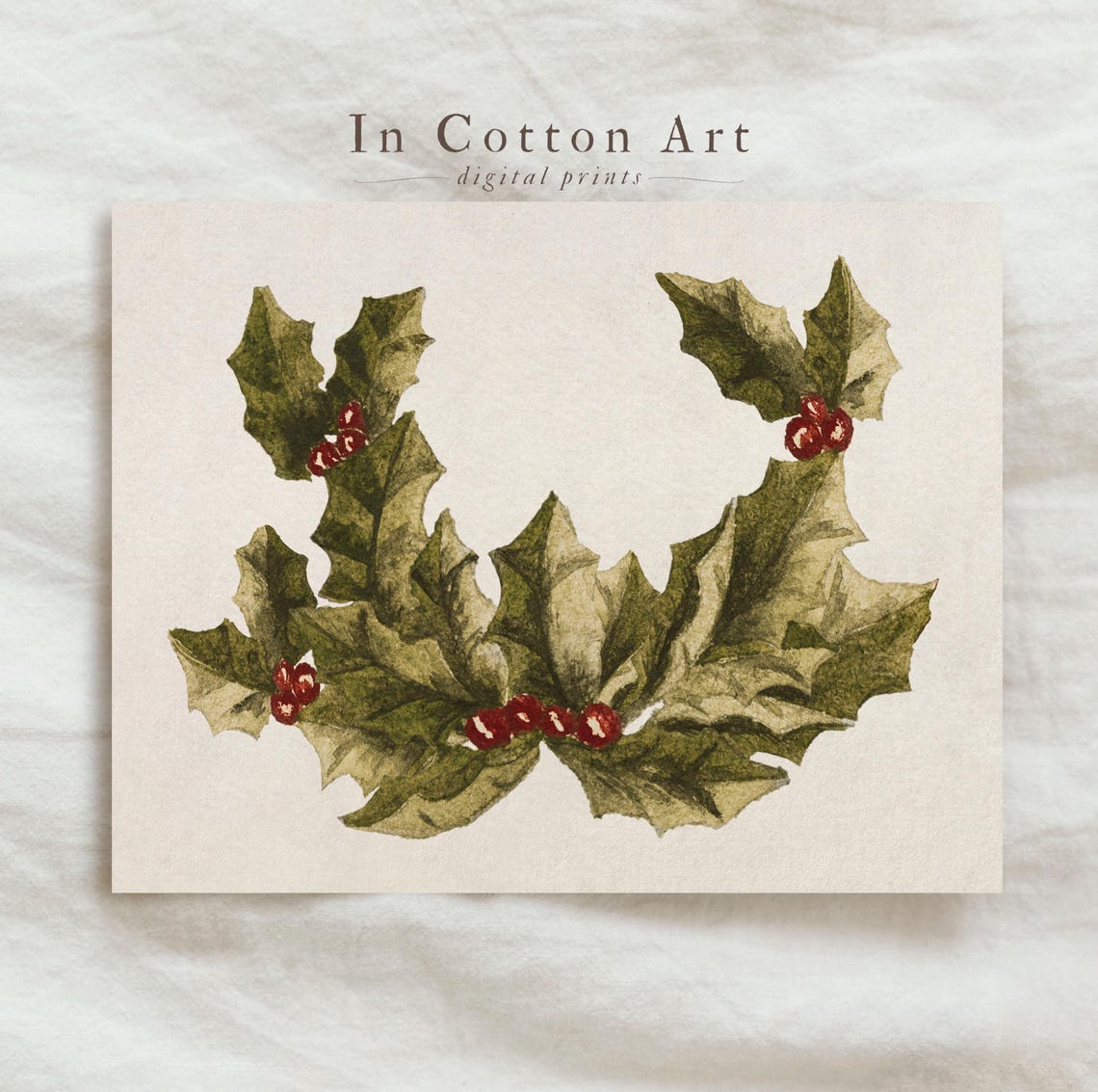 Christmas Holly Sprig Watercolor Red Berries Holiday Art Print