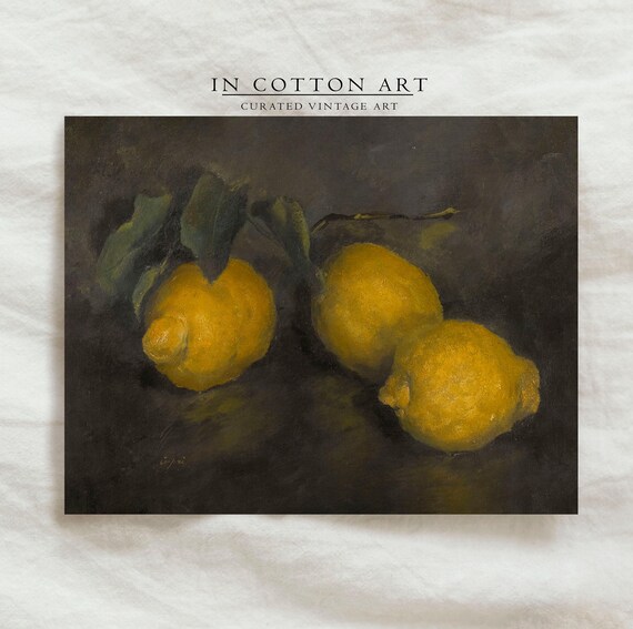 Vintage Kitchen Still Life, Moody Lemon Art Print
