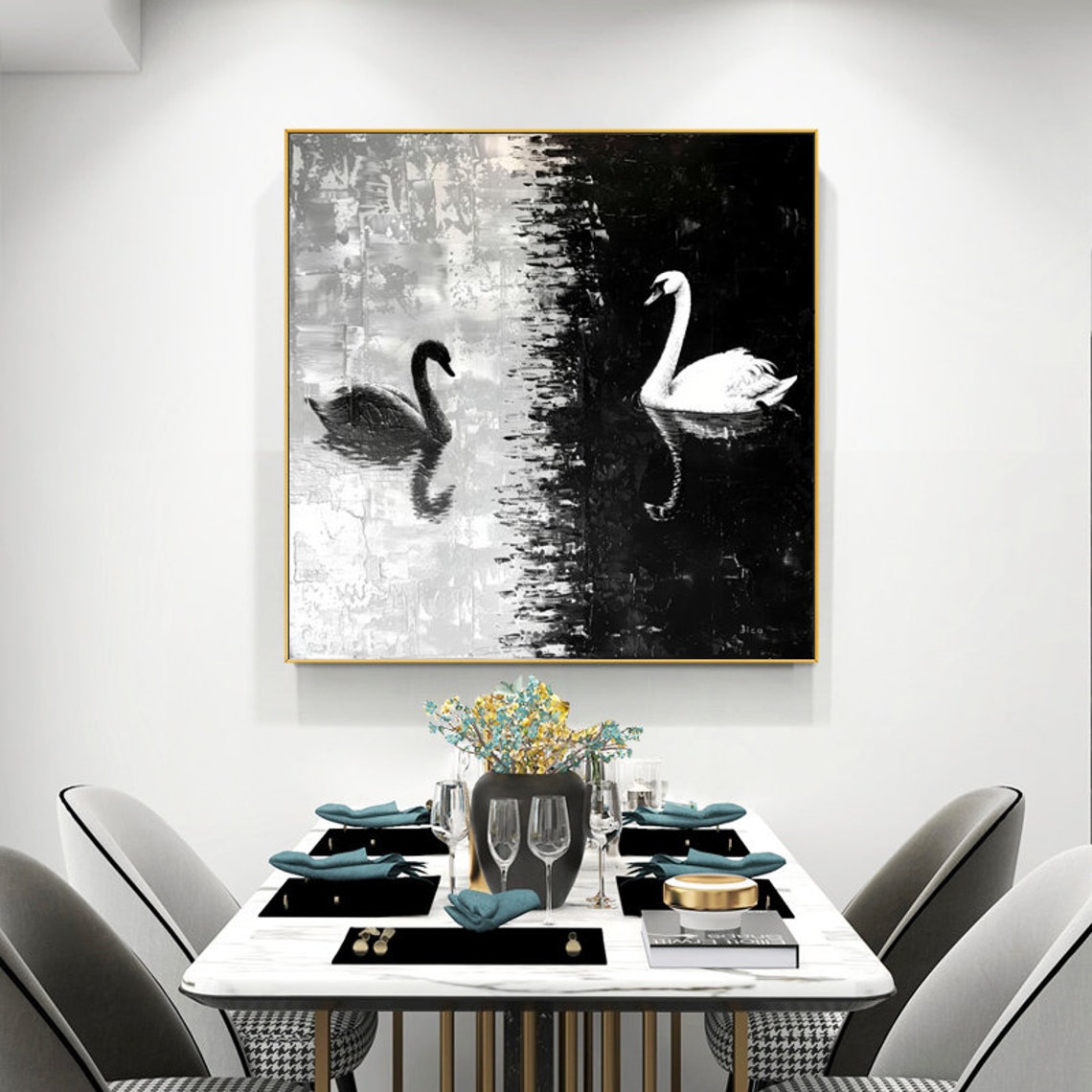 Black and White Swans Gliding on a Moonlit Lake Square Poster - Image 5