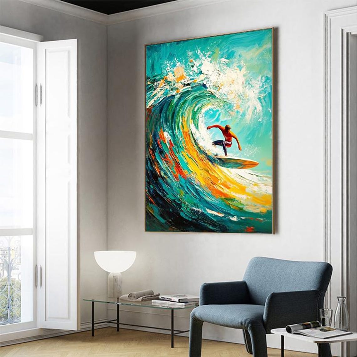 Surfer Riding A Golden Ocean Wave Dynamic Coastal Painting Poster - Image 5