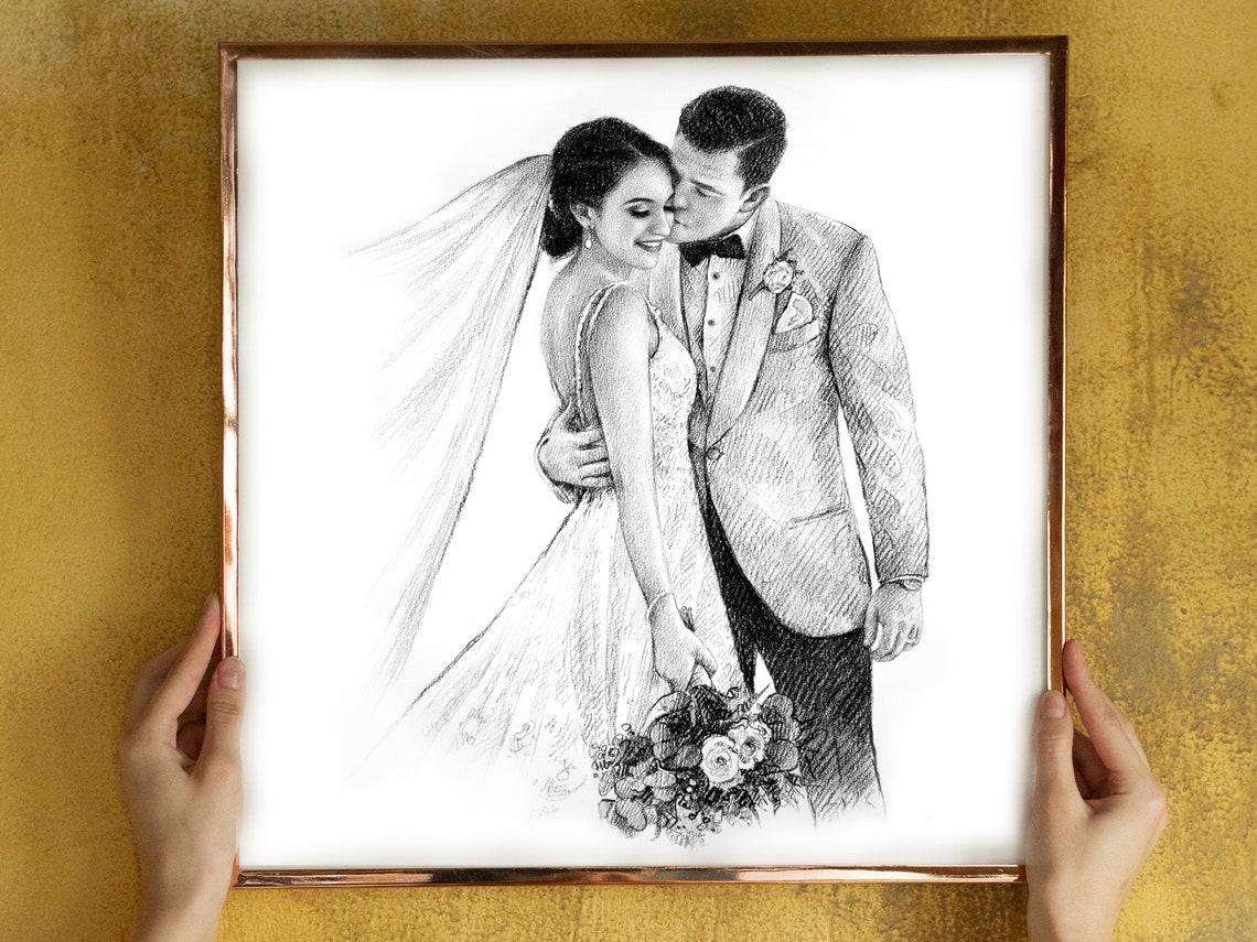 Romantic Wedding Kiss Custom Hand-Drawn Pencil Portrait Art Print - Image 2