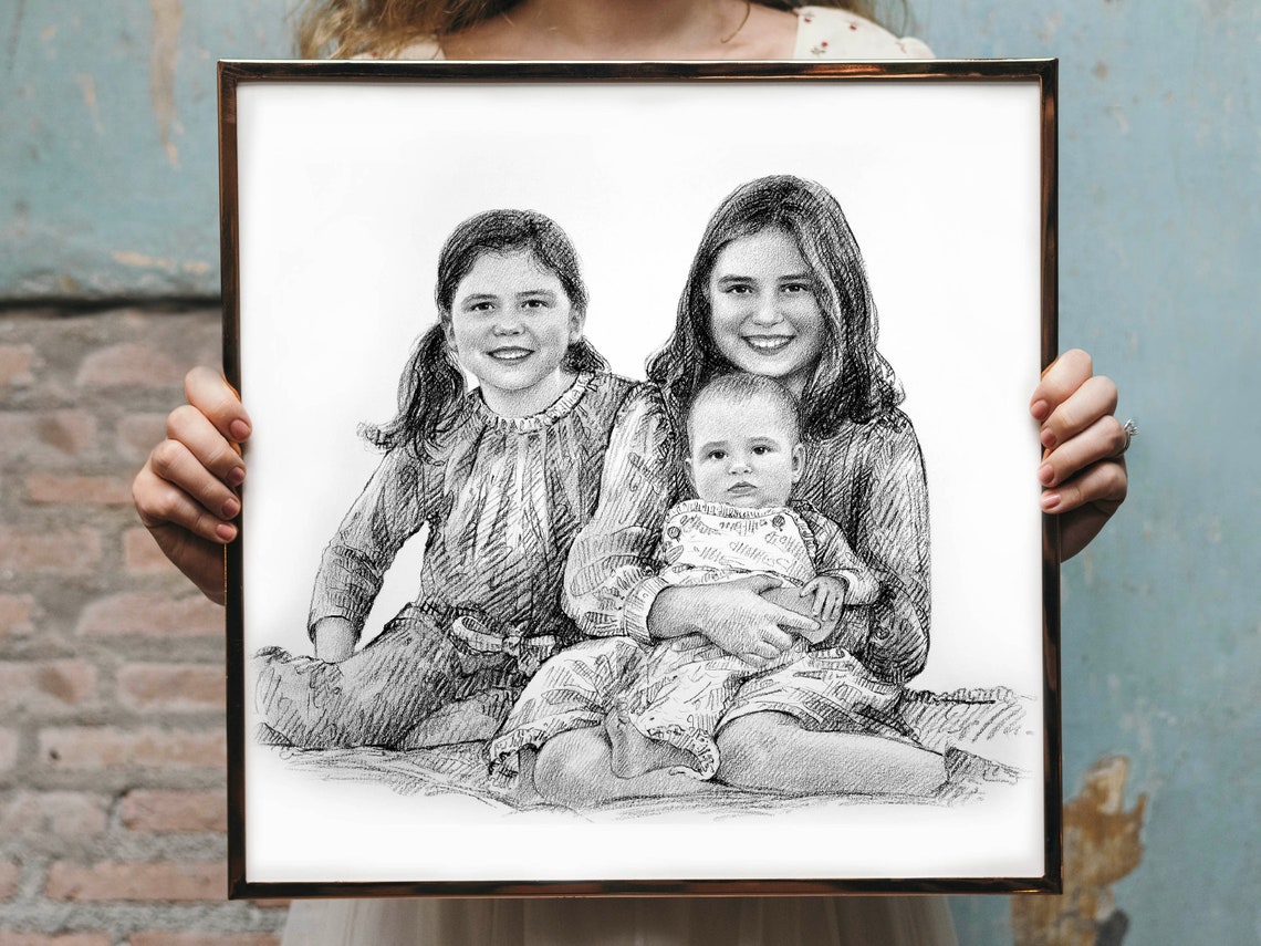 Two Sisters with Baby Custom Family Charcoal Sketch Portrait Poster