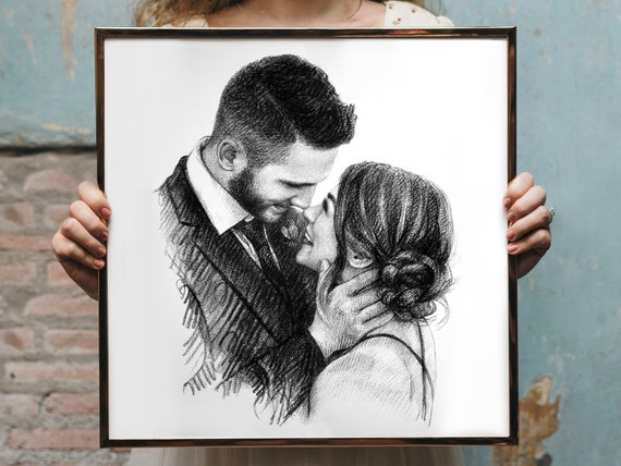 Groom Kissing Bride Forehead Intimate Custom Charcoal Sketch Poster