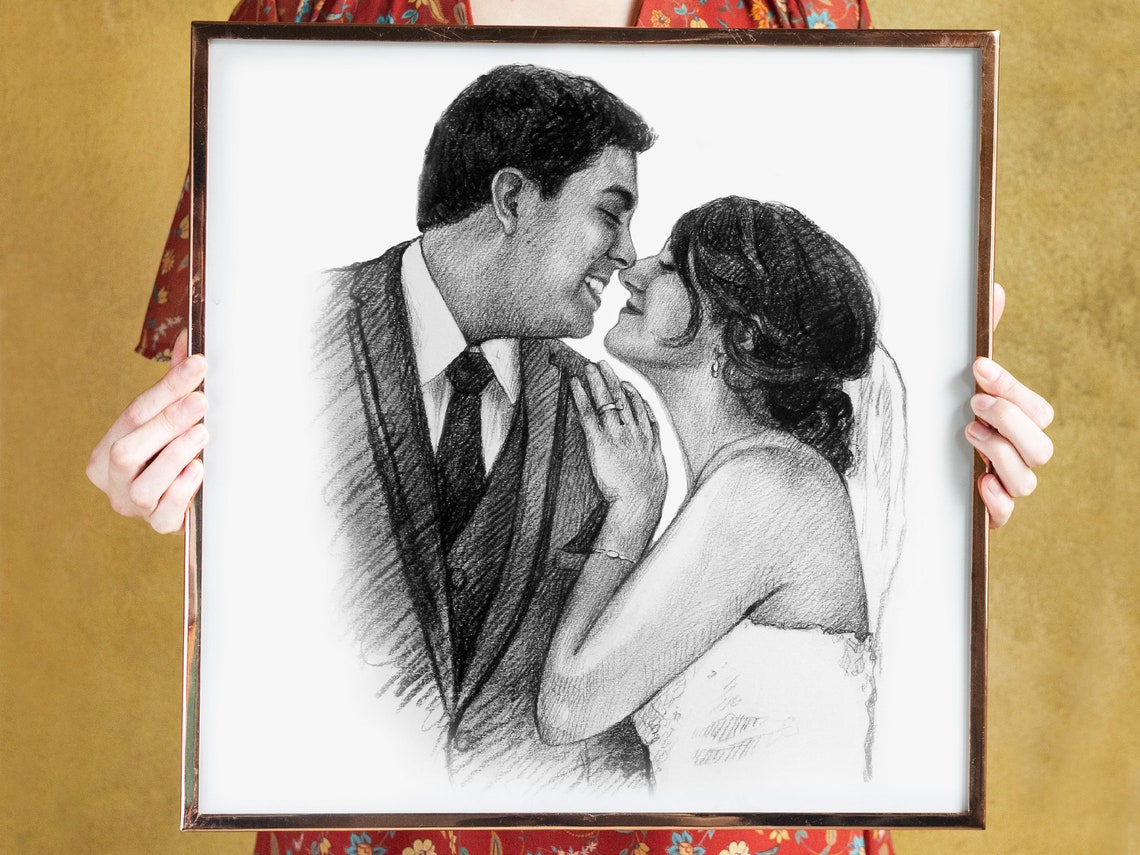 Wedding Couple Nose to Nose Laughing Custom Pencil Sketch Poster
