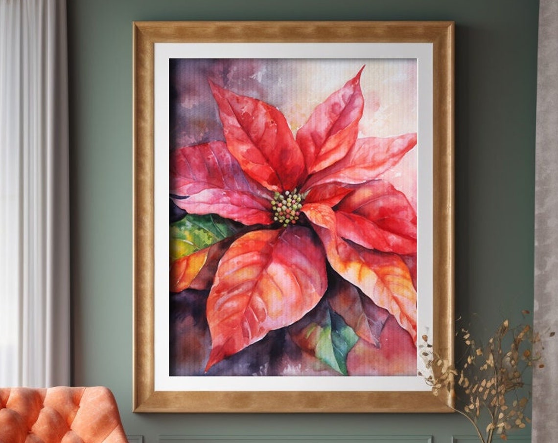 Poinsettia Flower Watercolor Painting Realistic Christmas Flower Watercolor For Hallway Bathroom Living Room Office